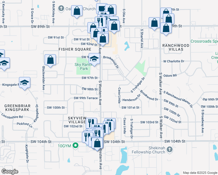 map of restaurants, bars, coffee shops, grocery stores, and more near 9900 South Western Avenue in Oklahoma City