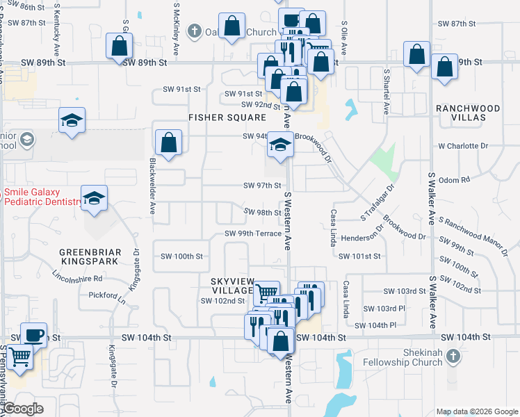 map of restaurants, bars, coffee shops, grocery stores, and more near 9810 Teka Circle in Oklahoma City