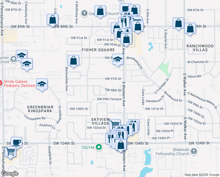 map of restaurants, bars, coffee shops, grocery stores, and more near 9810 Teka Circle in Oklahoma City