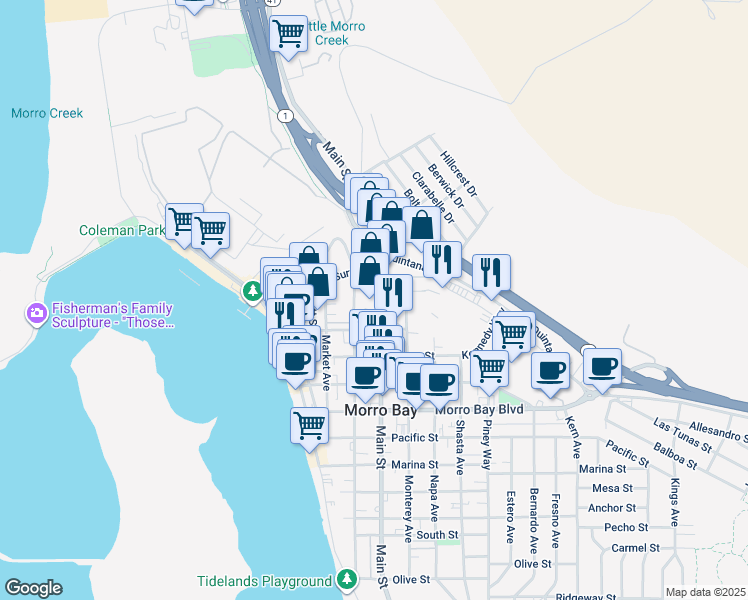 map of restaurants, bars, coffee shops, grocery stores, and more near 1151 Main Street in Morro Bay