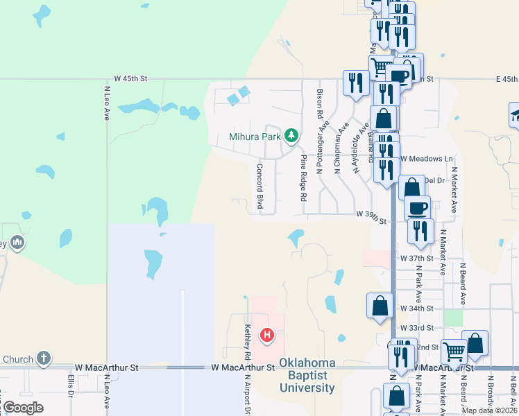 map of restaurants, bars, coffee shops, grocery stores, and more near 32 Concord Boulevard in Shawnee