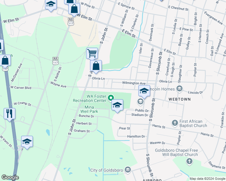 map of restaurants, bars, coffee shops, grocery stores, and more near 302 Wayne Avenue in Goldsboro