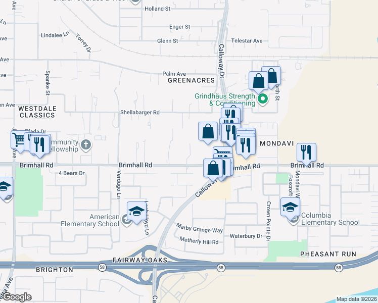 map of restaurants, bars, coffee shops, grocery stores, and more near 9930 Brimhall Road in Bakersfield
