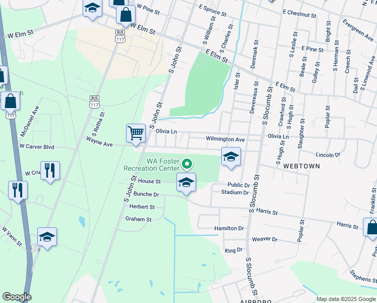 map of restaurants, bars, coffee shops, grocery stores, and more near 300 Wayne Avenue in Goldsboro