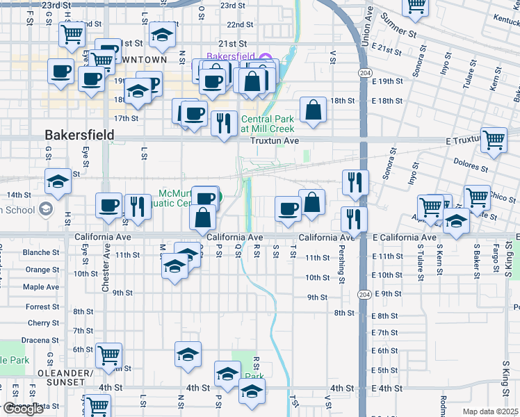 map of restaurants, bars, coffee shops, grocery stores, and more near 1300 R Street in Bakersfield
