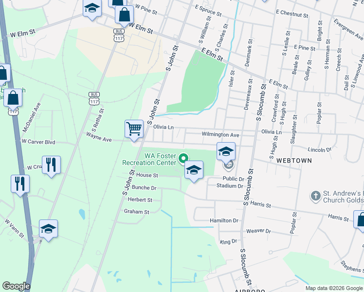 map of restaurants, bars, coffee shops, grocery stores, and more near 300 Wayne Avenue in Goldsboro