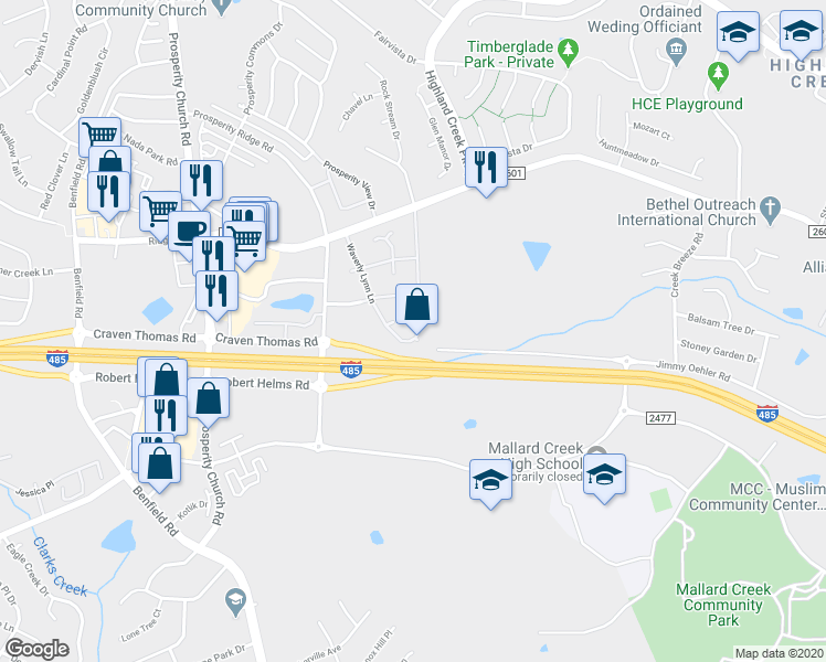 map of restaurants, bars, coffee shops, grocery stores, and more near 5703 Waverly Lynn Lane in Charlotte