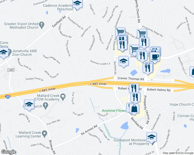 map of restaurants, bars, coffee shops, grocery stores, and more near 5806 Shining Oak Lane in Charlotte