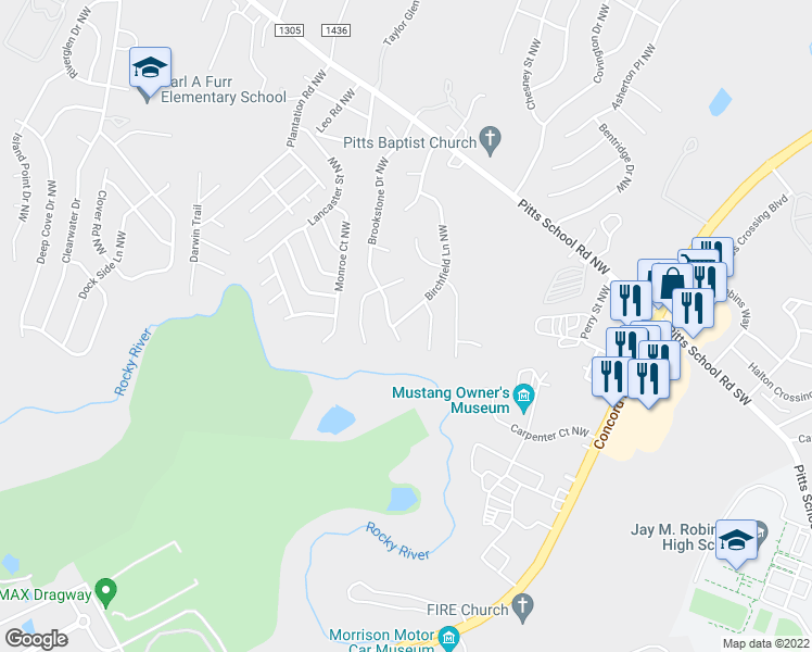 map of restaurants, bars, coffee shops, grocery stores, and more near 5907 Birchfield Lane Northwest in Concord
