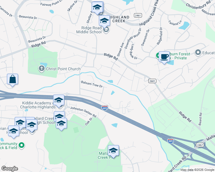 map of restaurants, bars, coffee shops, grocery stores, and more near 3332 Balsam Tree Drive in Charlotte