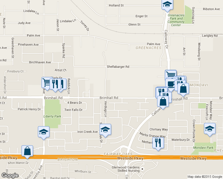 map of restaurants, bars, coffee shops, grocery stores, and more near 10418 Brimhall Road in Bakersfield