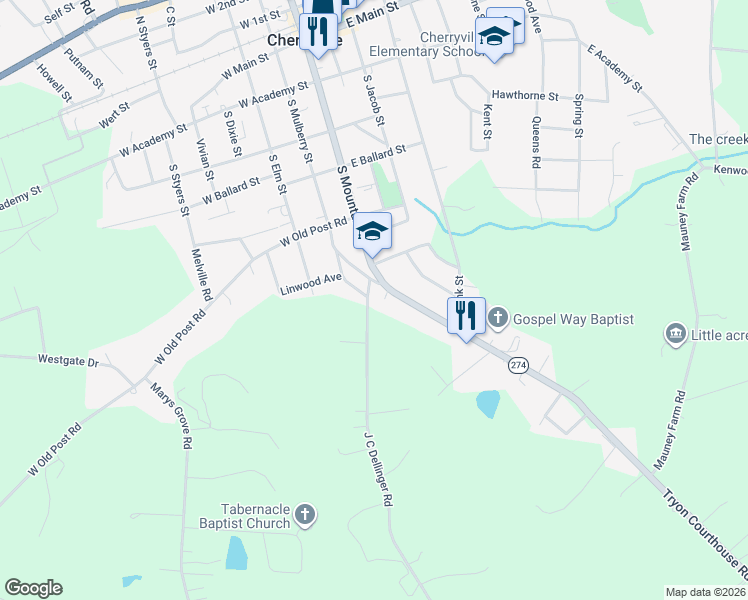 map of restaurants, bars, coffee shops, grocery stores, and more near 303 J C Dellinger Road in Cherryville