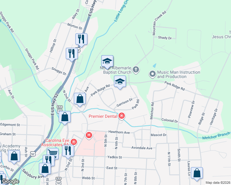 map of restaurants, bars, coffee shops, grocery stores, and more near 141 Linwood Drive in Albemarle