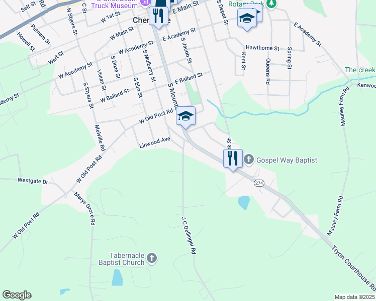map of restaurants, bars, coffee shops, grocery stores, and more near 303 J C Dellinger Road in Cherryville