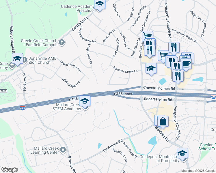 map of restaurants, bars, coffee shops, grocery stores, and more near 5712 Shining Oak Lane in Charlotte