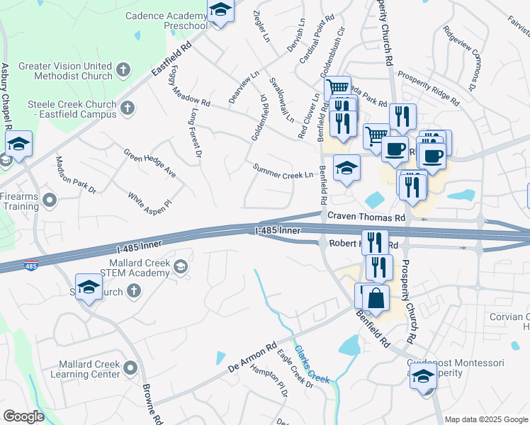 map of restaurants, bars, coffee shops, grocery stores, and more near 5740 Shining Oak Lane in Charlotte