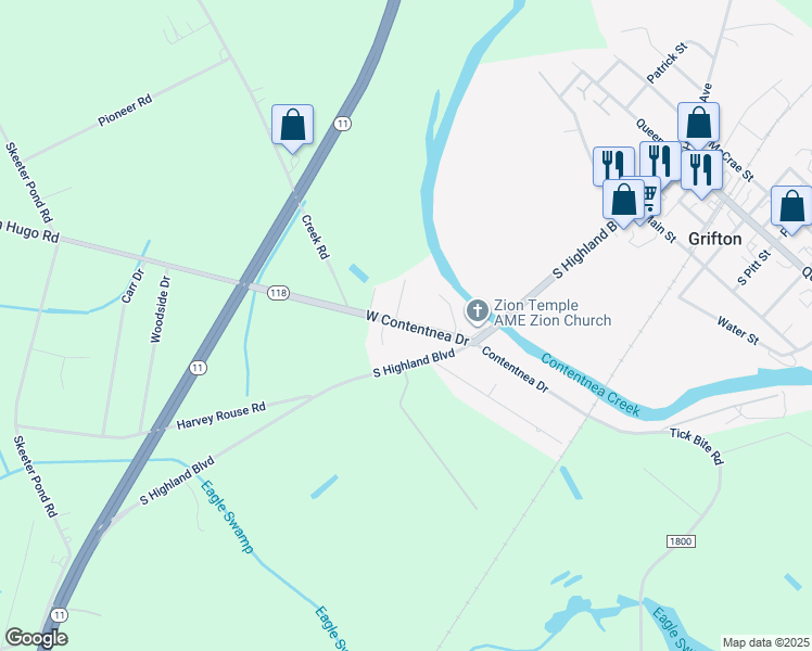 map of restaurants, bars, coffee shops, grocery stores, and more near 110 West Contentnea Drive in Grifton