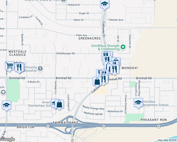 map of restaurants, bars, coffee shops, grocery stores, and more near 9930 Brimhall Road in Bakersfield