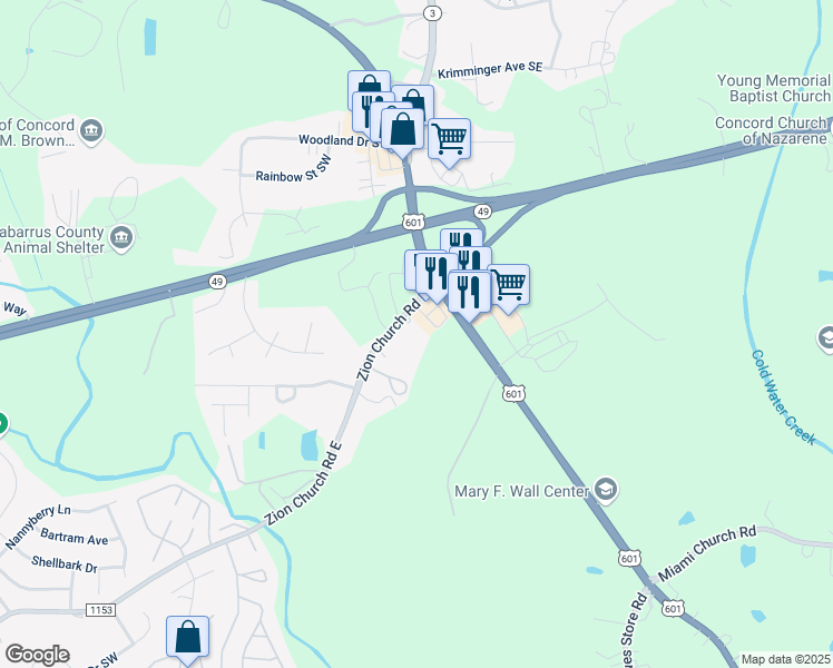 map of restaurants, bars, coffee shops, grocery stores, and more near 1501 Zion Church Road East in Concord