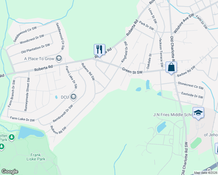map of restaurants, bars, coffee shops, grocery stores, and more near 529 Kingfield Drive Southwest in Concord