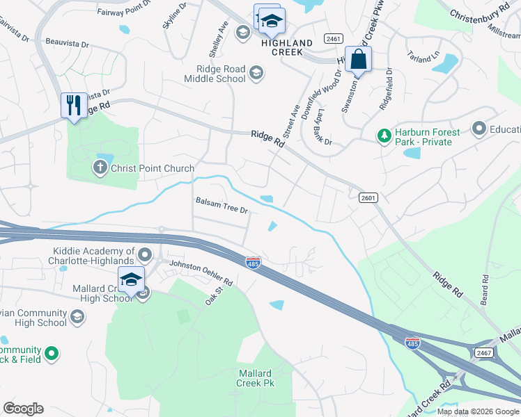 map of restaurants, bars, coffee shops, grocery stores, and more near 3332 Balsam Tree Drive in Charlotte