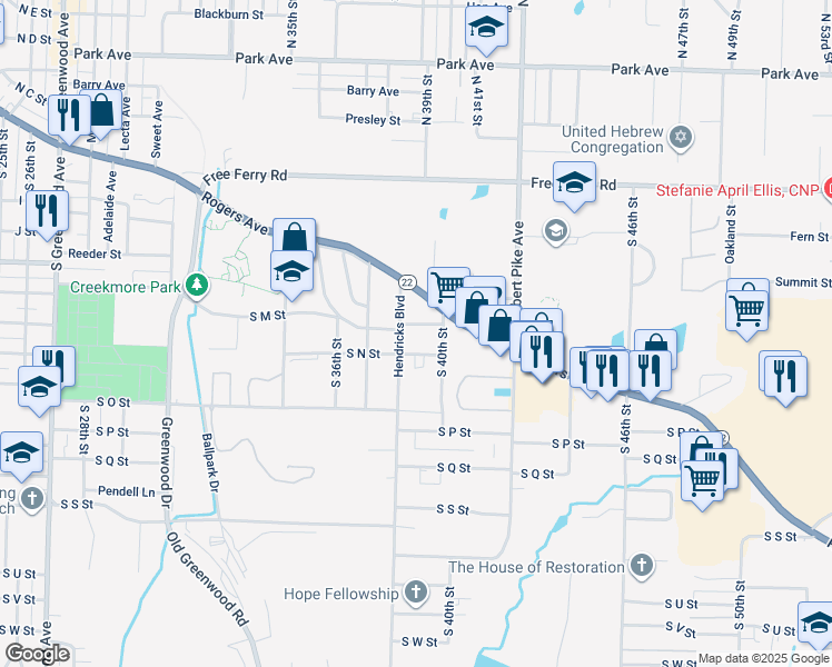 map of restaurants, bars, coffee shops, grocery stores, and more near 1407 Hendricks Boulevard in Fort Smith