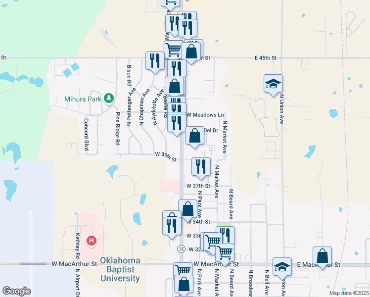 map of restaurants, bars, coffee shops, grocery stores, and more near 3918 North Kickapoo Avenue in Shawnee