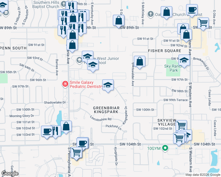 map of restaurants, bars, coffee shops, grocery stores, and more near 1420 Kingsgate Road in Oklahoma City
