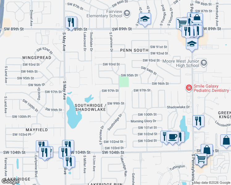 map of restaurants, bars, coffee shops, grocery stores, and more near 2604 SW 97th St in Oklahoma City