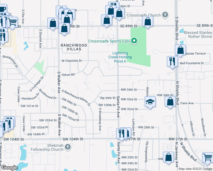 map of restaurants, bars, coffee shops, grocery stores, and more near 18 Southwest 97th Street in Oklahoma City