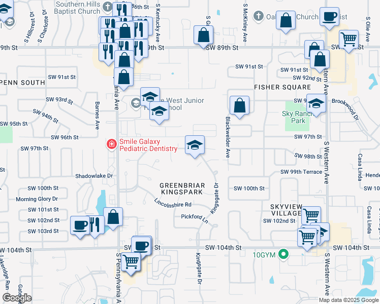 map of restaurants, bars, coffee shops, grocery stores, and more near 1420 Kingsgate Road in Oklahoma City