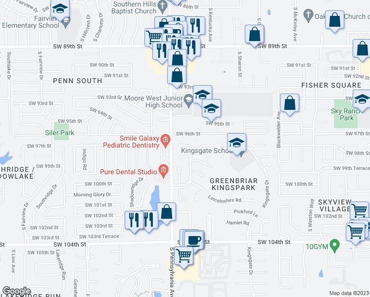 map of restaurants, bars, coffee shops, grocery stores, and more near 1616 Exeter Court in Oklahoma City