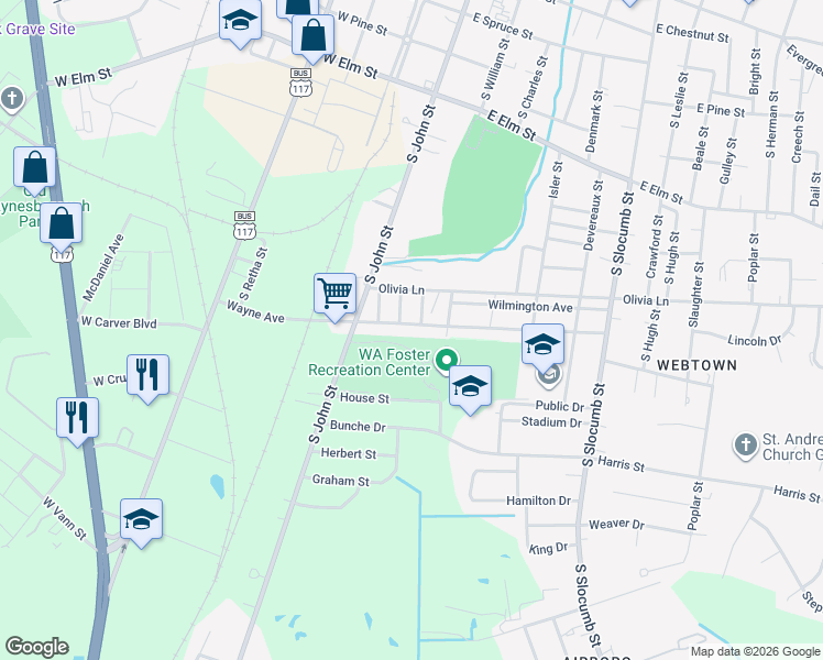map of restaurants, bars, coffee shops, grocery stores, and more near 222 Wayne Avenue in Goldsboro
