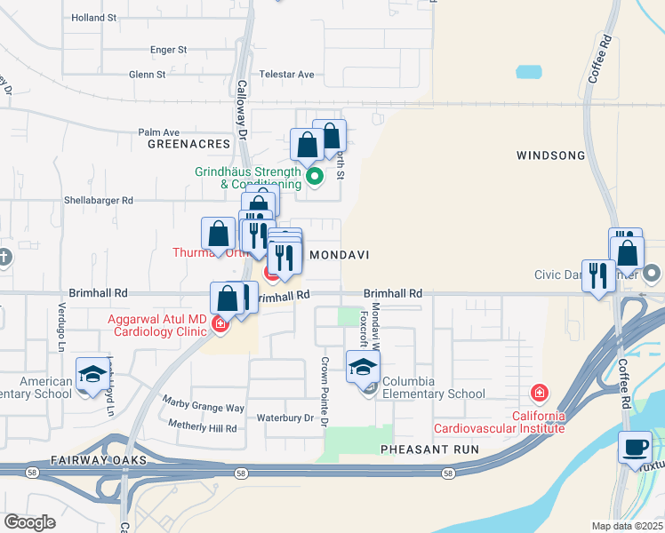 map of restaurants, bars, coffee shops, grocery stores, and more near 9035 Brookstone Court in Bakersfield