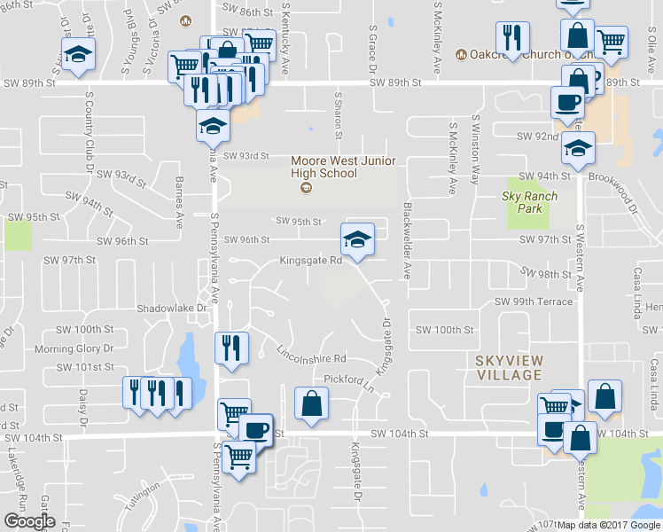 map of restaurants, bars, coffee shops, grocery stores, and more near 1420 Kingsgate Road in Oklahoma City