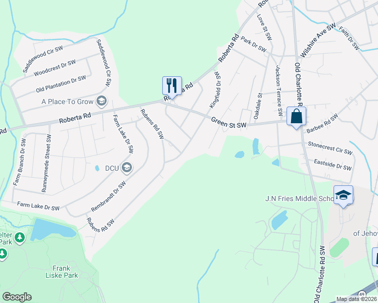map of restaurants, bars, coffee shops, grocery stores, and more near 529 Kingfield Drive Southwest in Concord