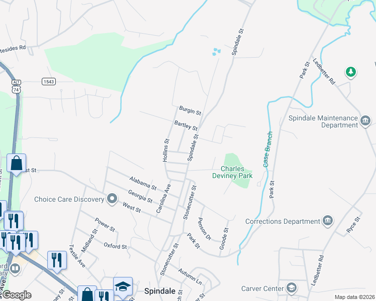 map of restaurants, bars, coffee shops, grocery stores, and more near 621 Spindale Street in Spindale
