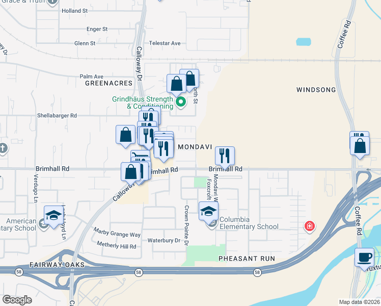 map of restaurants, bars, coffee shops, grocery stores, and more near 9035 Brookstone Court in Bakersfield