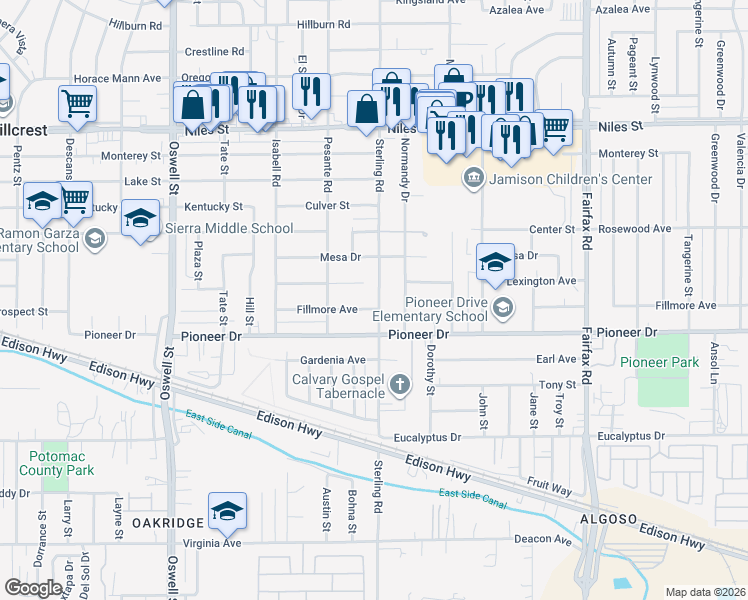 map of restaurants, bars, coffee shops, grocery stores, and more near 3430 Fillmore Avenue in Bakersfield