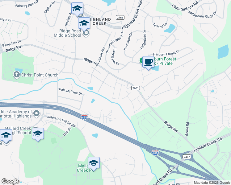 map of restaurants, bars, coffee shops, grocery stores, and more near 3401 Ridge Road in Charlotte