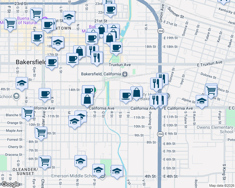 map of restaurants, bars, coffee shops, grocery stores, and more near 1303 S Street in Bakersfield