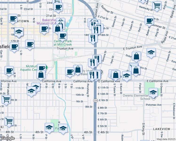 map of restaurants, bars, coffee shops, grocery stores, and more near 135 Hayden Court in Bakersfield