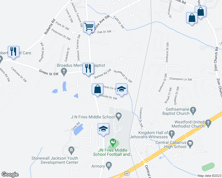 map of restaurants, bars, coffee shops, grocery stores, and more near 84 Stonecrest Circle Southwest in Concord