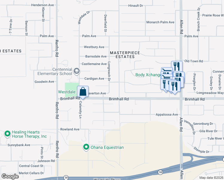 map of restaurants, bars, coffee shops, grocery stores, and more near 1300 Longreach Dr in Bakersfield