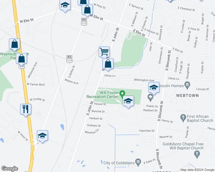 map of restaurants, bars, coffee shops, grocery stores, and more near 212 Wayne Avenue in Goldsboro