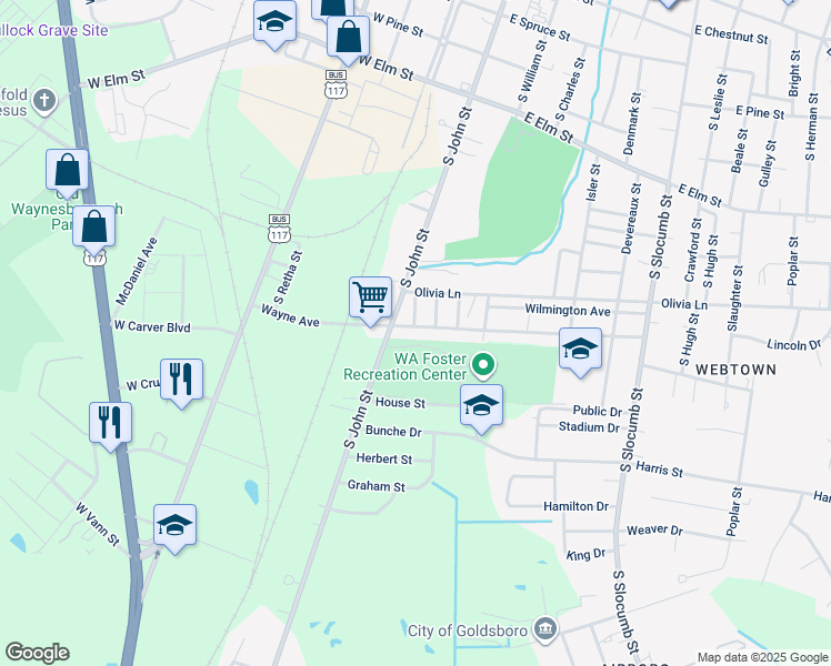 map of restaurants, bars, coffee shops, grocery stores, and more near 206 Wayne Avenue in Goldsboro