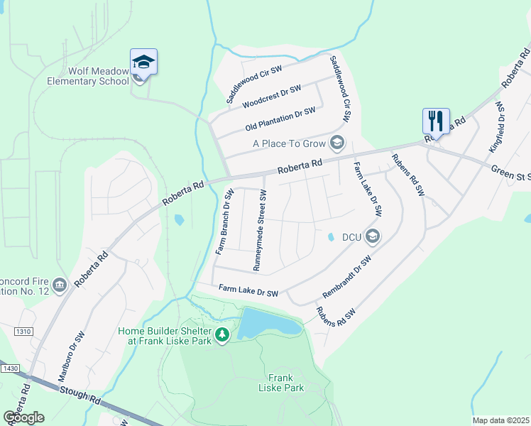 map of restaurants, bars, coffee shops, grocery stores, and more near 3247 Runneymede Street Southwest in Concord