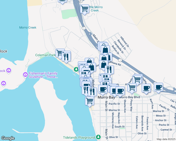 map of restaurants, bars, coffee shops, grocery stores, and more near 1180 West Street in Morro Bay