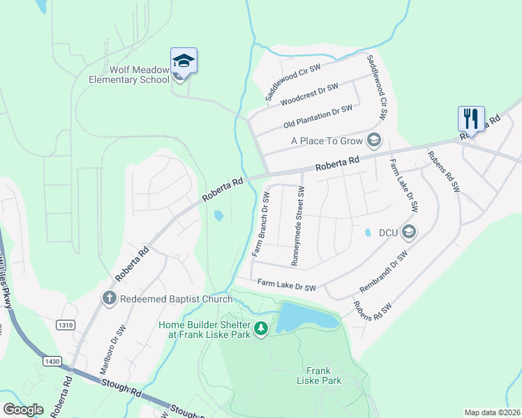 map of restaurants, bars, coffee shops, grocery stores, and more near 1295 Farm Branch Drive Southwest in Concord