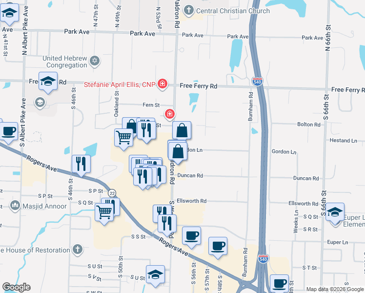 map of restaurants, bars, coffee shops, grocery stores, and more near 1217 South Waldron Road in Fort Smith